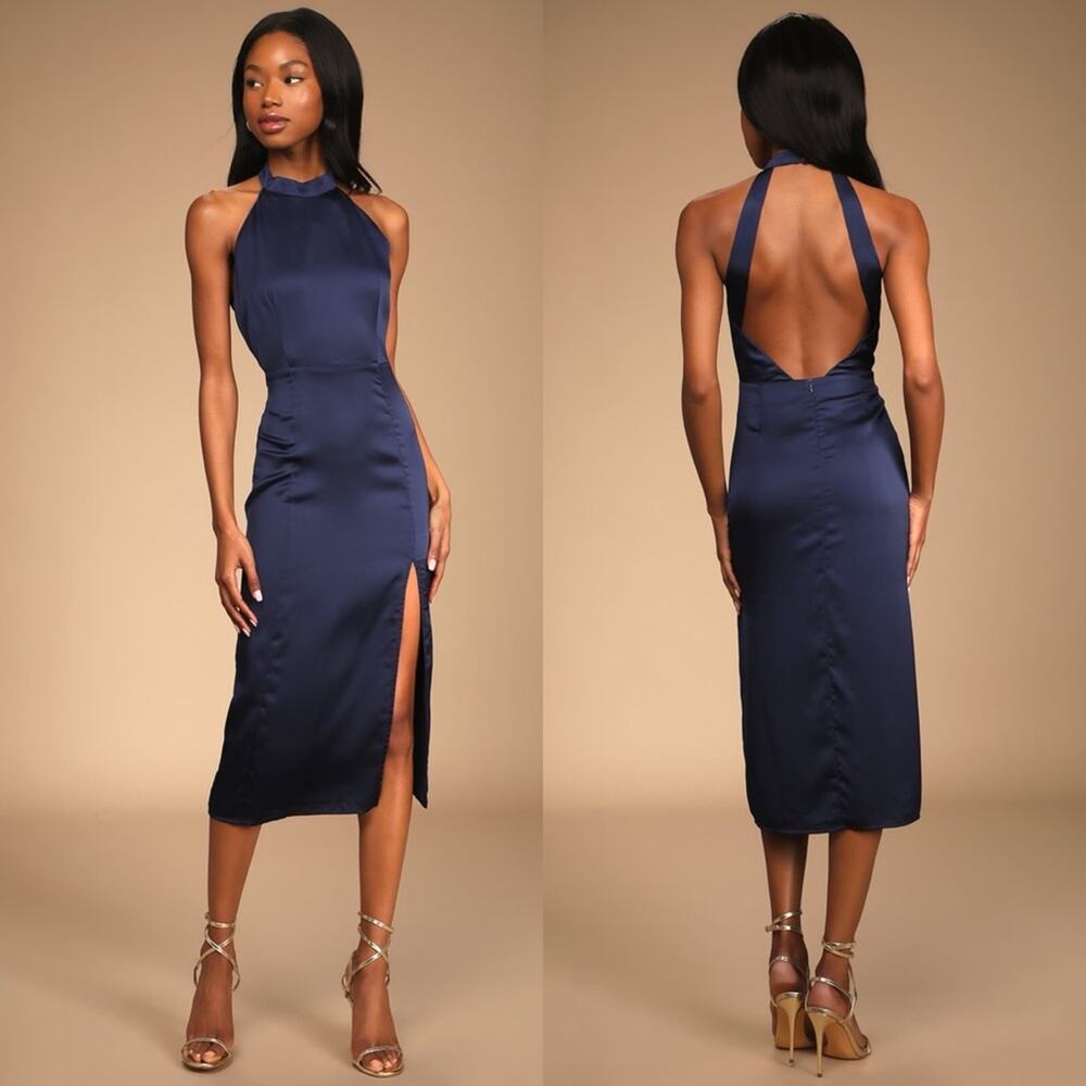 Lulu's Navy Satin Halter Midi Dress with Back Cutout